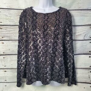Vintage Montgomery Ward Sequin Blouse Black Metallic Long Sleeve Top Size 22W
